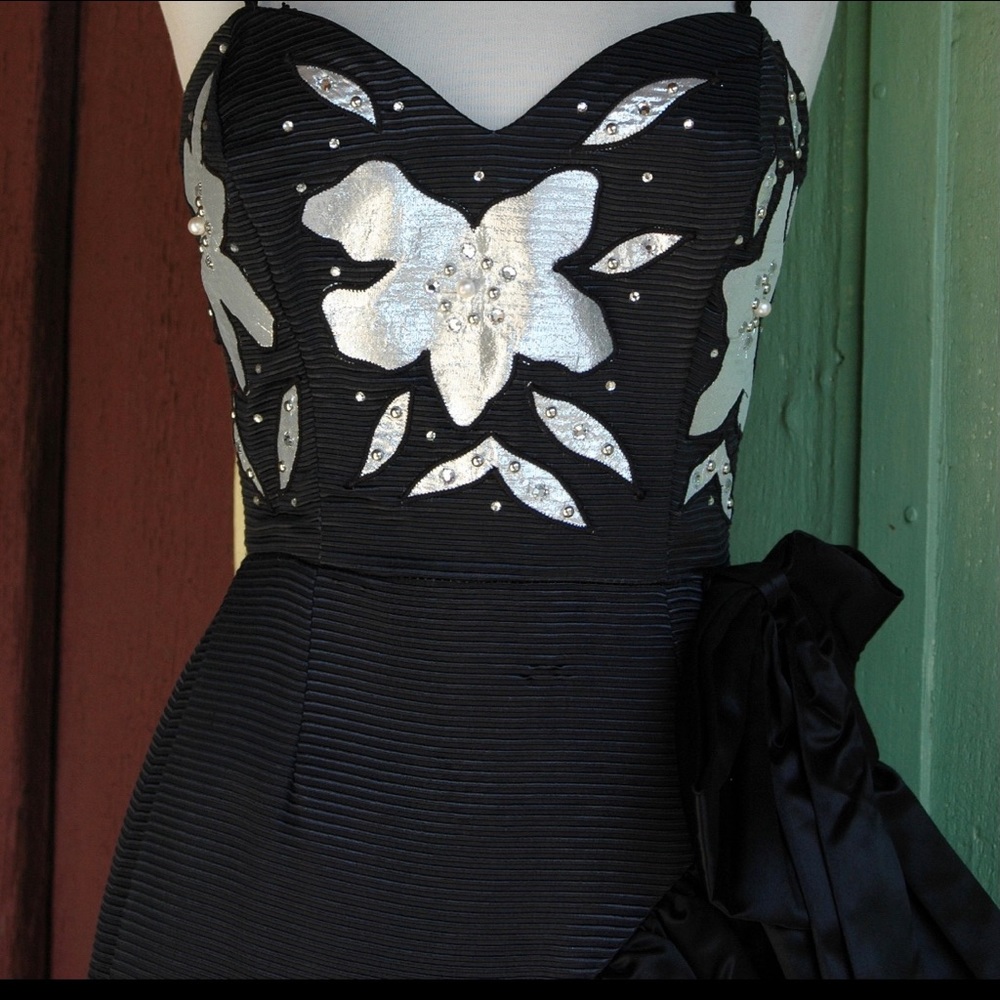 Holiday 1980s vintage black strapless formal gown cascading satan ruffles